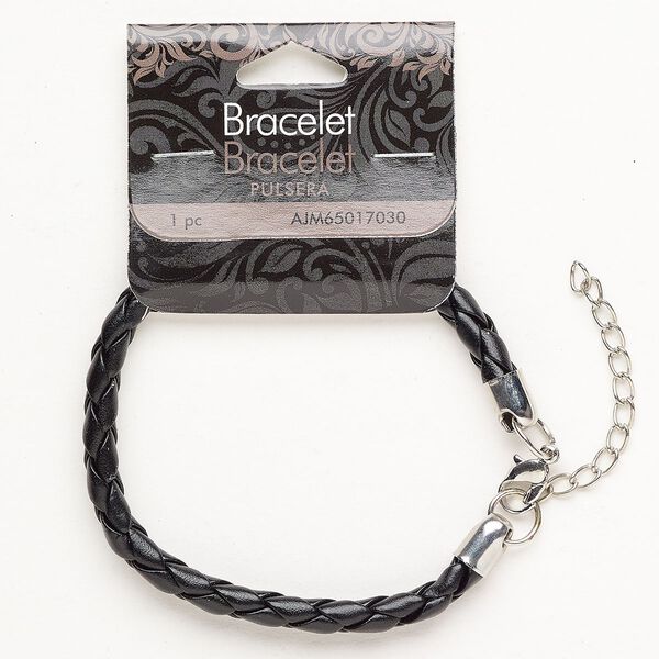 Bracelet cord 1pkg1, leather and silver-finished steel, black, 5mm braided, 7 inches with extender chain and lobster claw clasp. image number 0