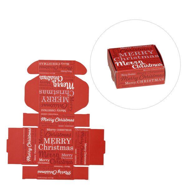 Box, paper, multicolored, 3x3x1-inch unassembled square with "Merry Christmas." Sold per pkg of 10. image number 0