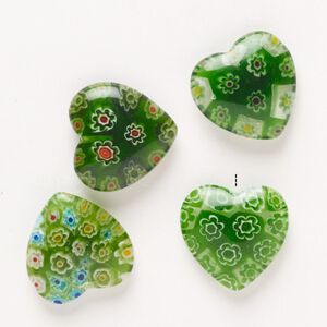 Bead, millefiori glass, pkg/4, translucent multicolored, 18-20mm half-drilled puffed heart.