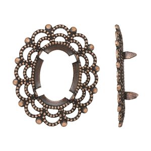 Component, antique copper-plated brass, 30x25mm oval with 18x13mm 4-prong oval setting. Sold per pkg of 12.