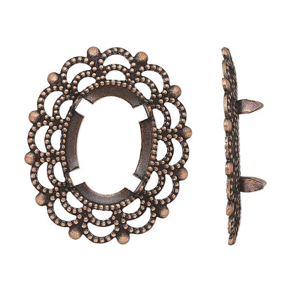 Component, antique copper-plated brass, 30x25mm oval with 18x13mm 4-prong oval setting. Sold per pkg of 12. image number 0