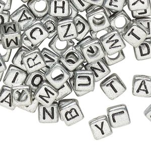 Bead mix, acrylic, opaque silver and black, 6mm cube with alphabet letters. Sold per pkg of 100.