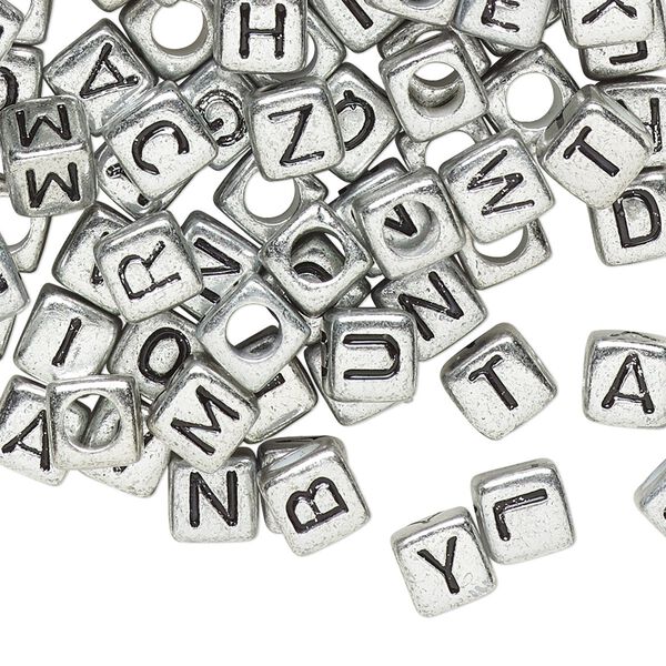 Bead mix, acrylic, opaque silver and black, 6mm cube with alphabet letters. Sold per pkg of 100. image number 0