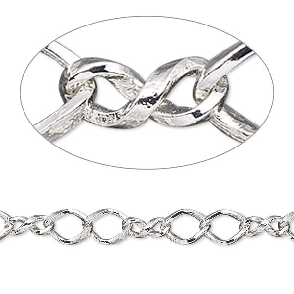 Chain, silver-plated brass, 5mm double figure 8. Sold per 50-foot spool. image number 0