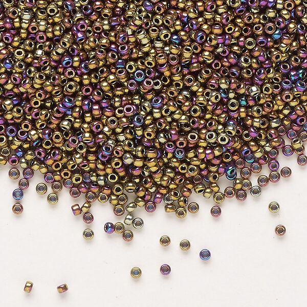 Seed bead, Miyuki, glass, pkg/250g, #15 rocaille, opaque nickel-plated golden olive iris, (RR-188). image number 0