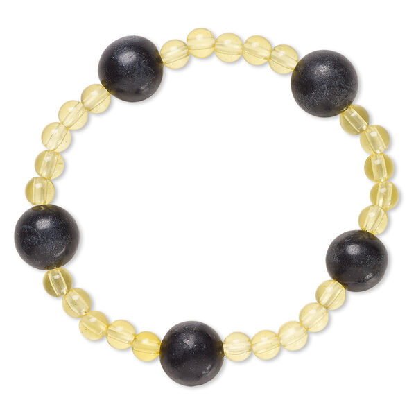 Bracelet, stretch, blackstone (dyed) and acrylic, yellow, 5mm and 12-13mm round, 6-1/2 inches. Sold individually. image number 0