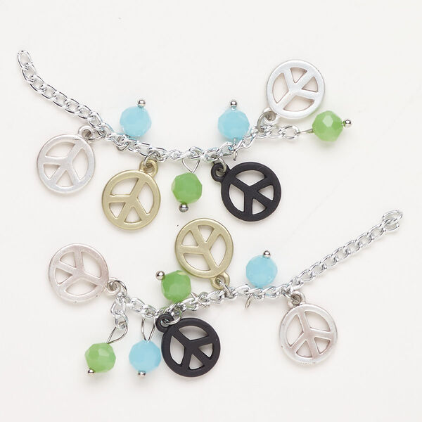 "Pewter" (zinc-based alloy) / aluminum / glass 1pkg2, curb chain / faceted round / peace sign charm matte mixed finishes / blue / green 2.75 inch / 6mm / 12mm image number 0