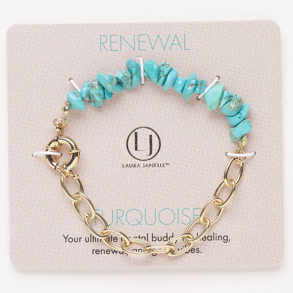 Bracelet, steel / brass / howlite (dyed), pkg/1, 6 inches with springring clasp, gold finish and turquoise blue. image number 0