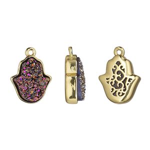 Drop, Druzylite™, "druzy" (resin) and gold-finished brass, metallic purple, 14x12.5mm two-sided Hamsa hand with open filigree back. Sold per pkg of 4.