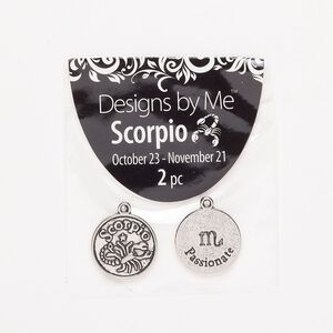 "Pewter" (zinc-based alloy) / enamel 1pkg2, 2-sided round charm / Scorpio / "Passionate" antique silver-finish / black 17mm
