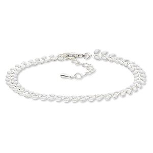 Bracelet, epoxy and silver-plated brass, white, 6.5mm wide with wreath design, 7-1/2 inches with 2-inch extender chain and lobster claw clasp. Sold individually.