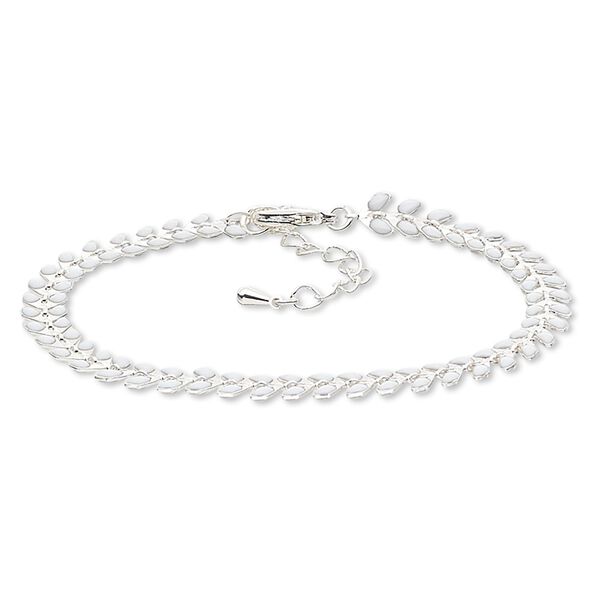 Bracelet, epoxy and silver-plated brass, white, 6.5mm wide with wreath design, 7-1/2 inches with 2-inch extender chain and lobster claw clasp. Sold individually. image number 0