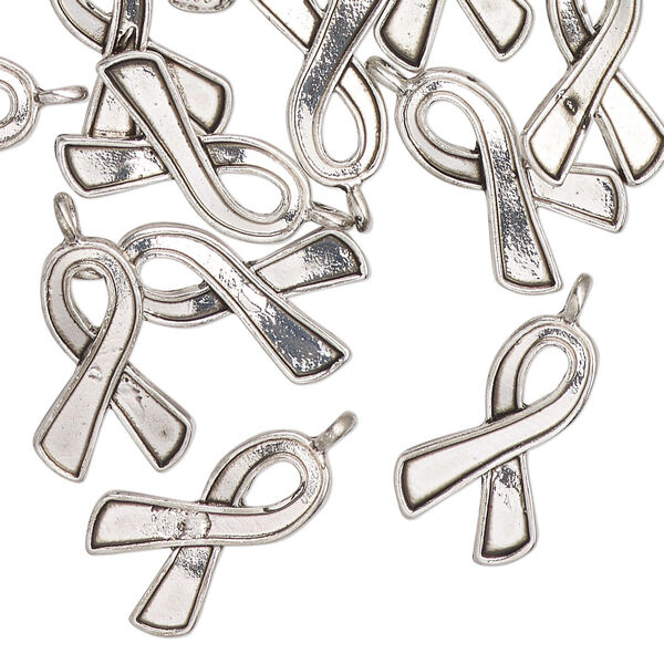 Charm, antique silver-finished "pewter" (zinc-based alloy), 17x11mm awareness ribbon. Sold per pkg of 12. image number 0