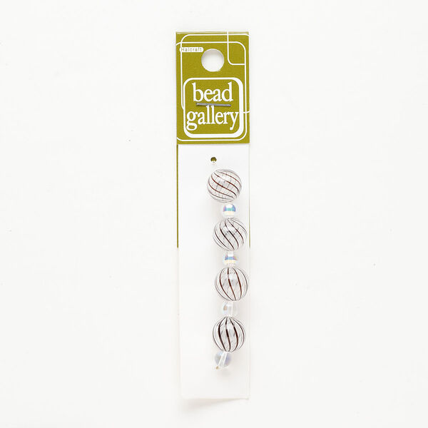 Bead 1pkg4 handblown glass, 11-13mm round / line design, translucent clear / black / white image number 0
