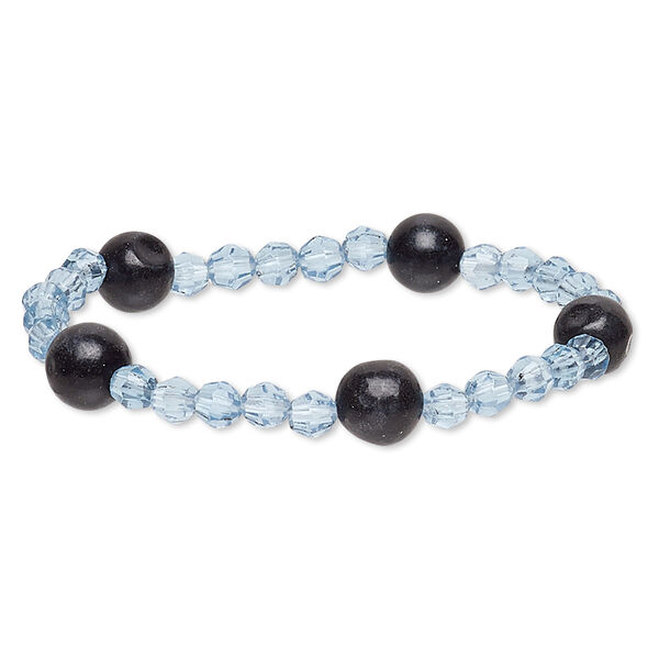Bracelet, stretch, blackstone (dyed) and acrylic, light blue, 5-6mm faceted round and 9-10mm round, 6 inches. Sold individually. image number 0