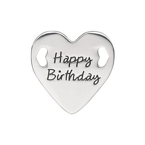 Link, antique silver-finished "pewter" (zinc-based alloy), 25.5mm single-sided flat heart with "Happy Birthday." Sold individually.
