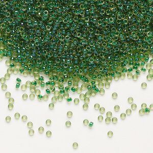 Seed bead, Miyuki, glass, pkg/35g, #15 rocaille, translucent emerald-lined luster light topaz (RR-331).