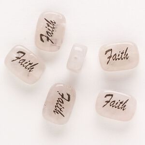 Rose quartz / enamel 1pkg6, double-sided "Faith" flat rectangle bead 14x10mm