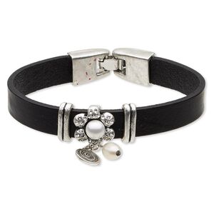 Bracelet, leather (dyed) / crystals / acrylic / antique silver-plated "pewter" (zinc-based alloy), white and clear, 15mm wide with flower, 6-1/2 inches with fold-over clasp. Sold individually.