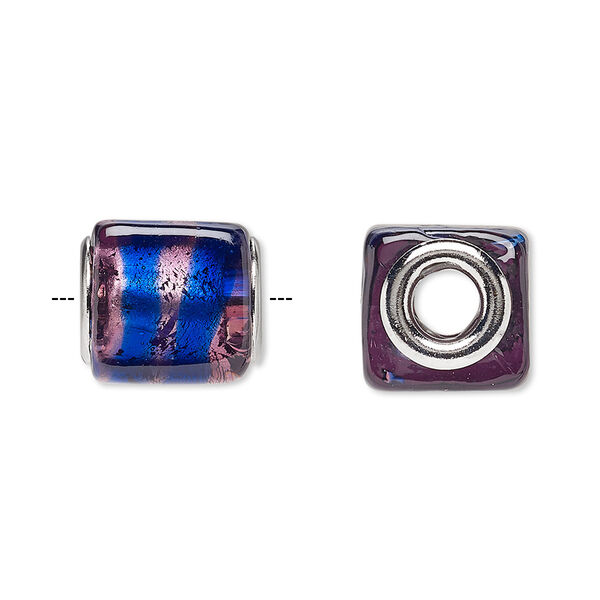 Bead, Dione®, lampworked glass and silver-plated brass grommets, translucent purple and dark blue with silver-colored foil, 14x12mm cube with stripe, 5mm hole. Sold per pkg of 4. image number 0