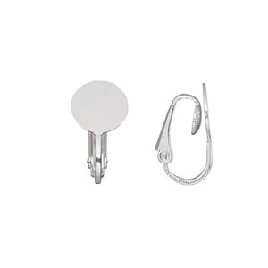 Earring clip-on 1pkg100 silver-plated, 18mm hinged / 10mm round flat pad, steel 50 pair