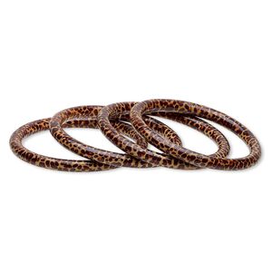 Bracelet, bangle, painted wood, brown / black / orange, 7mm wide with leopard print design, 8 inches. Sold per pkg of 4.
