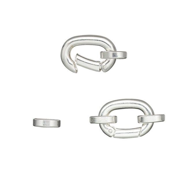 Clasp, self-closing hook, silver-plated brass, 14x10mm with (2) 7x6mm oval jump rings. Sold per pkg of 2. image number 0