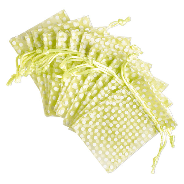 Pouch, organza, lime green and white, 4x3 inches with dots pattern and drawstring closure. Sold per pkg of 12. image number 0