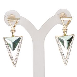 Earring, glass / glass rhinestone / stainless steel / gold-finished "pewter" (zinc-based alloy), green and clear, 34.5mm with triangle and post. Sold per pair.