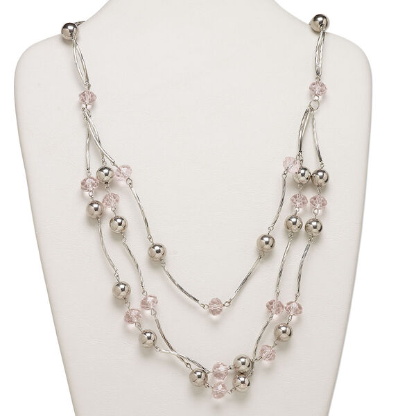Necklace, glass and imitation rhodium-finished aluminum and steel, pink, 18x18mm faceted rondelle, 23-inches with 2-inch extender chain and lobster claw clasp. Sold individually. image number 0