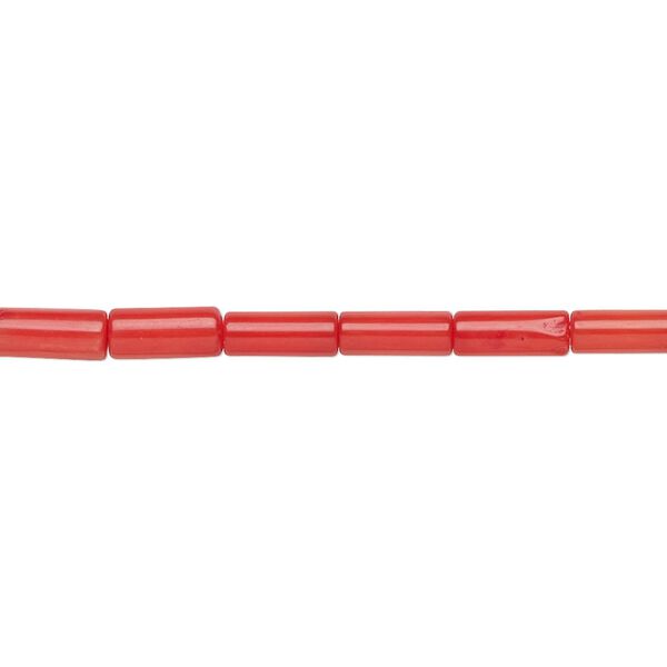 Bead, coral (dyed), red, 6x3mm hand-cut round tube, Mohs hardness 3-1/2 to 4. Sold per 15-1/2" to 16" strand. image number 0
