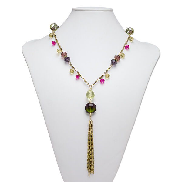 Necklace, glass / gold-coated plastic / gold-finished steel, multicolored, 6-inch dangle, 38 inches with 3-inch extender chain and lobster claw clasp. Sold individually. image number 0