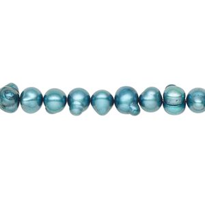 Pearl, cultured freshwater (dyed), blue spruce, 5-6mm semi-round, D grade, Mohs hardness 2-1/2 to 4. Sold per 15-inch strand.