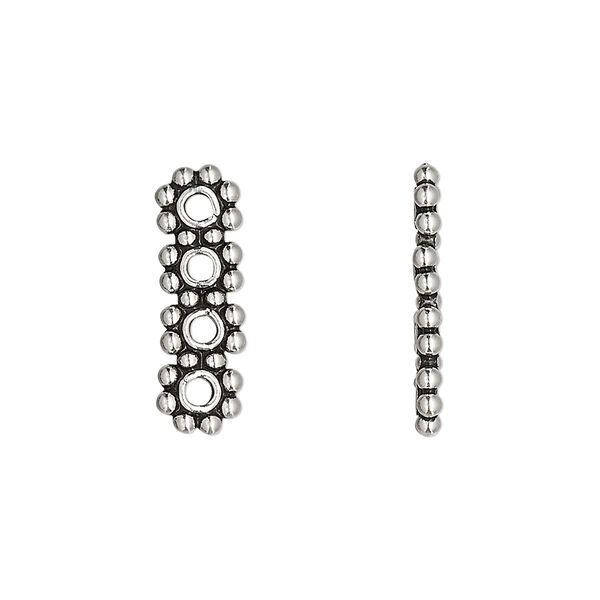 Spacer bar, antiqued sterling silver, 20x6mm 4-strand beaded rectangle, 5mm between holes. Sold per pkg of 2. image number 0