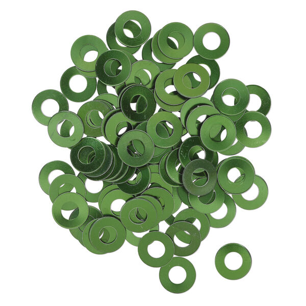 Washer, anodized aluminum, dark green, 13mm double-sided flat round blank with 6mm hole, 20 gauge. Sold per pkg of 100. image number 1