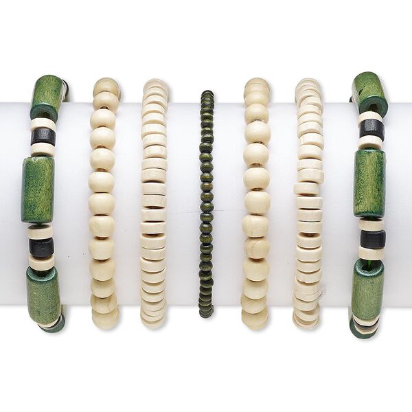 Bracelet, stretch, wood (natural) and painted wood, black and green, 4x3mm-20x9mm assorted shape, 6-1/2 inches. Sold per pkg of 7. image number 0