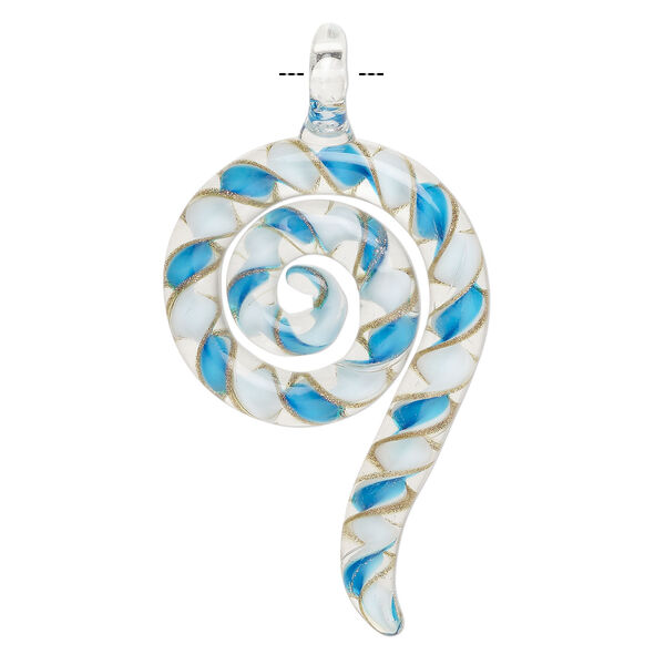Focal, lampworked glass 1pkg1, translucent and transparent aqua / white / clear with copper-colored glitter, 3x1.5 inch swirl. image number 1
