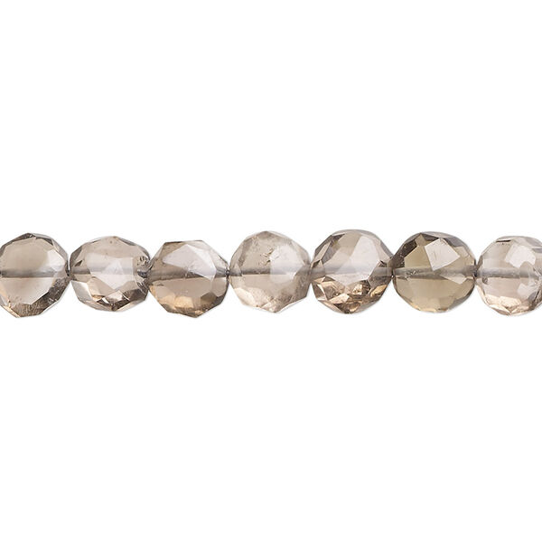 Bead, smoky quartz (heated / irradiated), 6-8mm hand-cut faceted puffed flat round, B- grade, Mohs hardness 7. Sold per 14-inch strand, approximately 55 beads. image number 0
