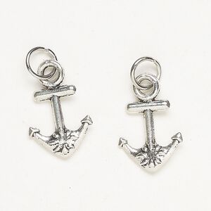 Charm, steel, pkg/2, silver finish, 20x13mm-21x14mm double-sided anchor.