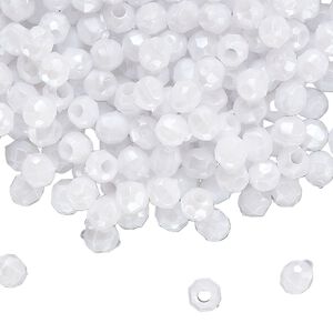 Bead, acrylic, opaque white pearl, 4mm faceted round. Sold per 50-gram pkg