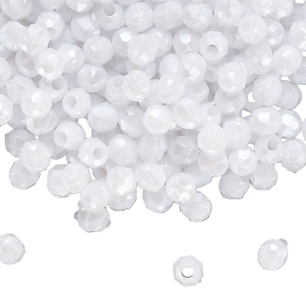 Bead, acrylic, opaque white pearl, 4mm faceted round. Sold per 50-gram pkg image number 0