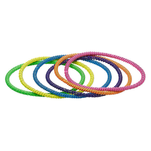 Bracelet, stretch, painted steel, assorted neon colors, 3mm twisted coil, 7 inches. Sold per pkg of 6. image number 0