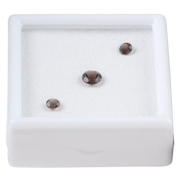 Gem, smoky quartz (heated / irradiated), (2) 4mm and (1) 6mm faceted round, A grade, Mohs hardness 7. Sold per pkg of 3. image number 0