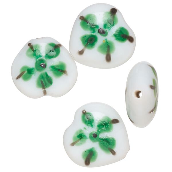 Bead, lampworked glass, opaque white / black / teal green, 17-16mm puffed heart with double-sided painted flower design. Sold per pkg of 4. image number 0