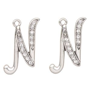 Charm, antique silver-finished "pewter" (zinc-based alloy) and glass, clear, 24x22mm letter "N". Sold per pkg of 2.