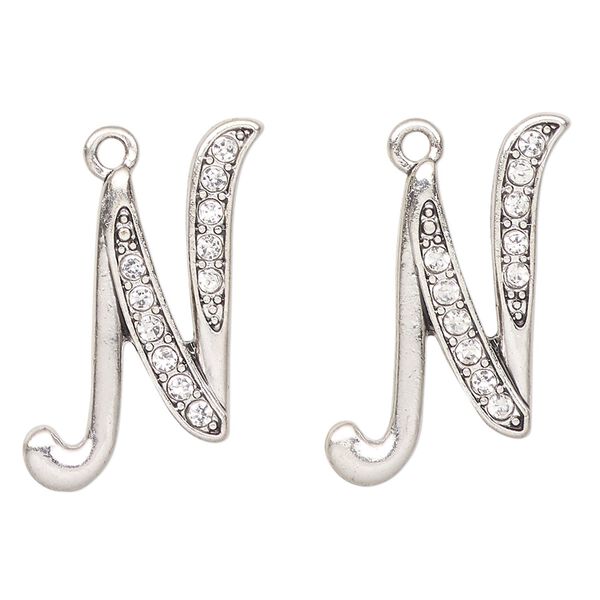 Charm, antique silver-finished "pewter" (zinc-based alloy) and glass, clear, 24x22mm letter "N". Sold per pkg of 2. image number 0