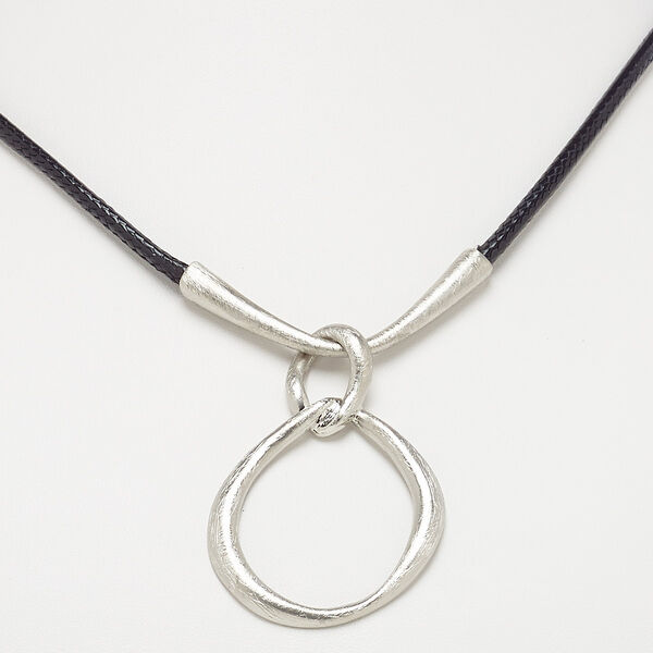 Necklace, imitation leather with imitation rhodium-plated steel and "pewter" (zinc-based alloy), black, 56x40mm scratched double loop, 18 inches with 3-inch extender chain and lobster claw clasp. Sold individually. image number 0