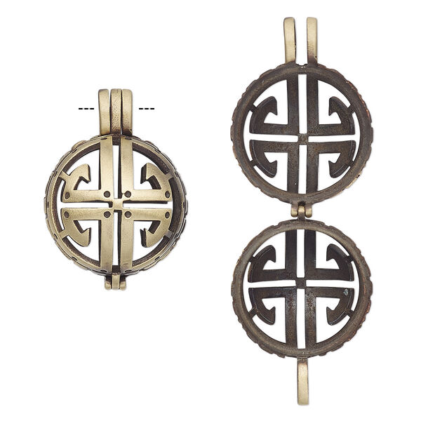 Drop, antique brass-finished "pewter" (zinc-based alloy), 28x21mm round bead cage with cutout design, fits up to 17mm bead. Sold individually. image number 0