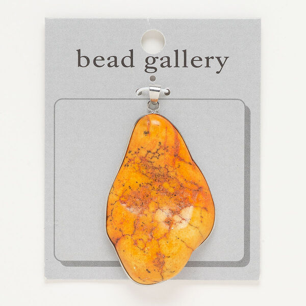 Pendant, antique silver-finished "pewter" (zinc-based alloy) and howlite (dyed), orange, 50x37mm freeform. Sold individually. image number 0