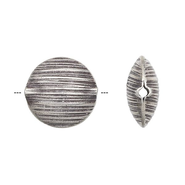 Bead, Hill Tribes, antiqued fine silver, 15mm double-sided puffed flat round with line design. Sold per pkg of 2. image number 0